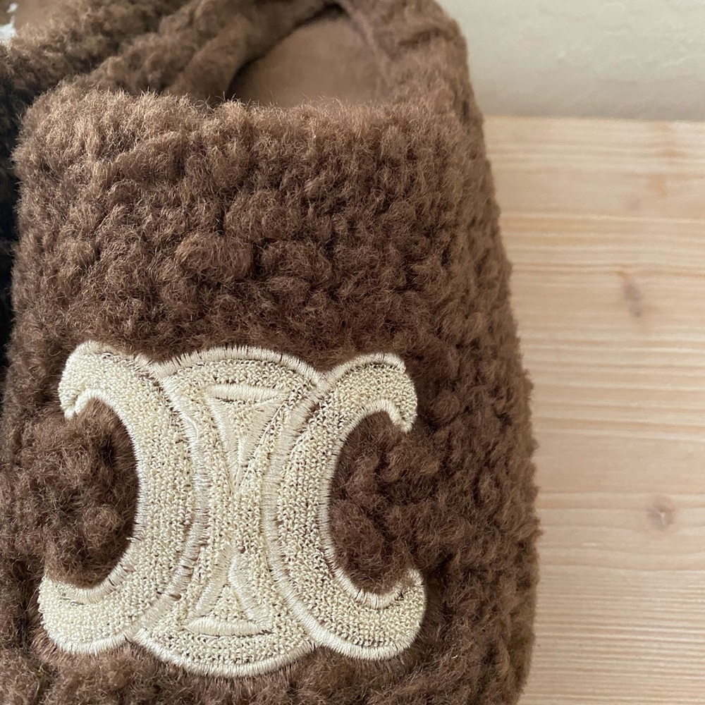 Celine Brown Fuzzy Slippers with Cream Logo - Picture 4 of 7